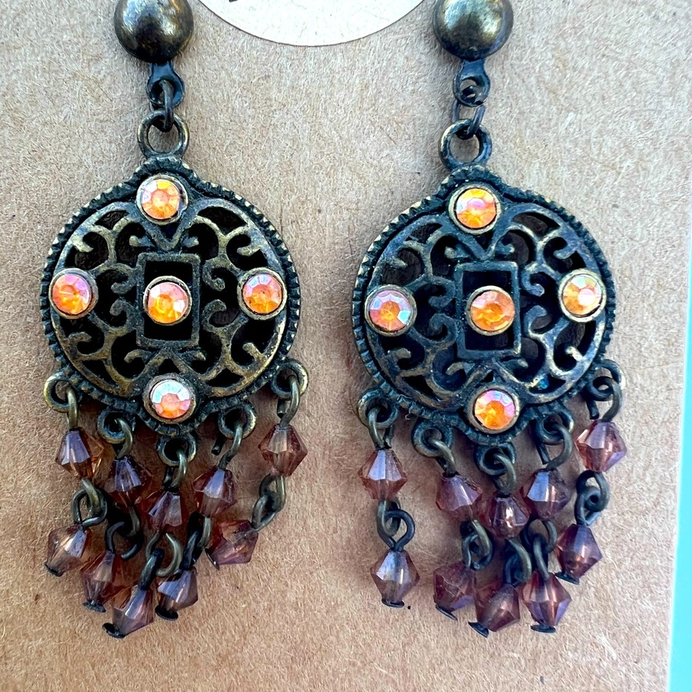 Orange pewter and brown bead mandala earrings